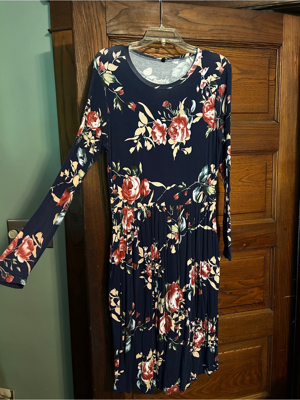 Floral Long-Sleeve Navy Dress with Rose Print
